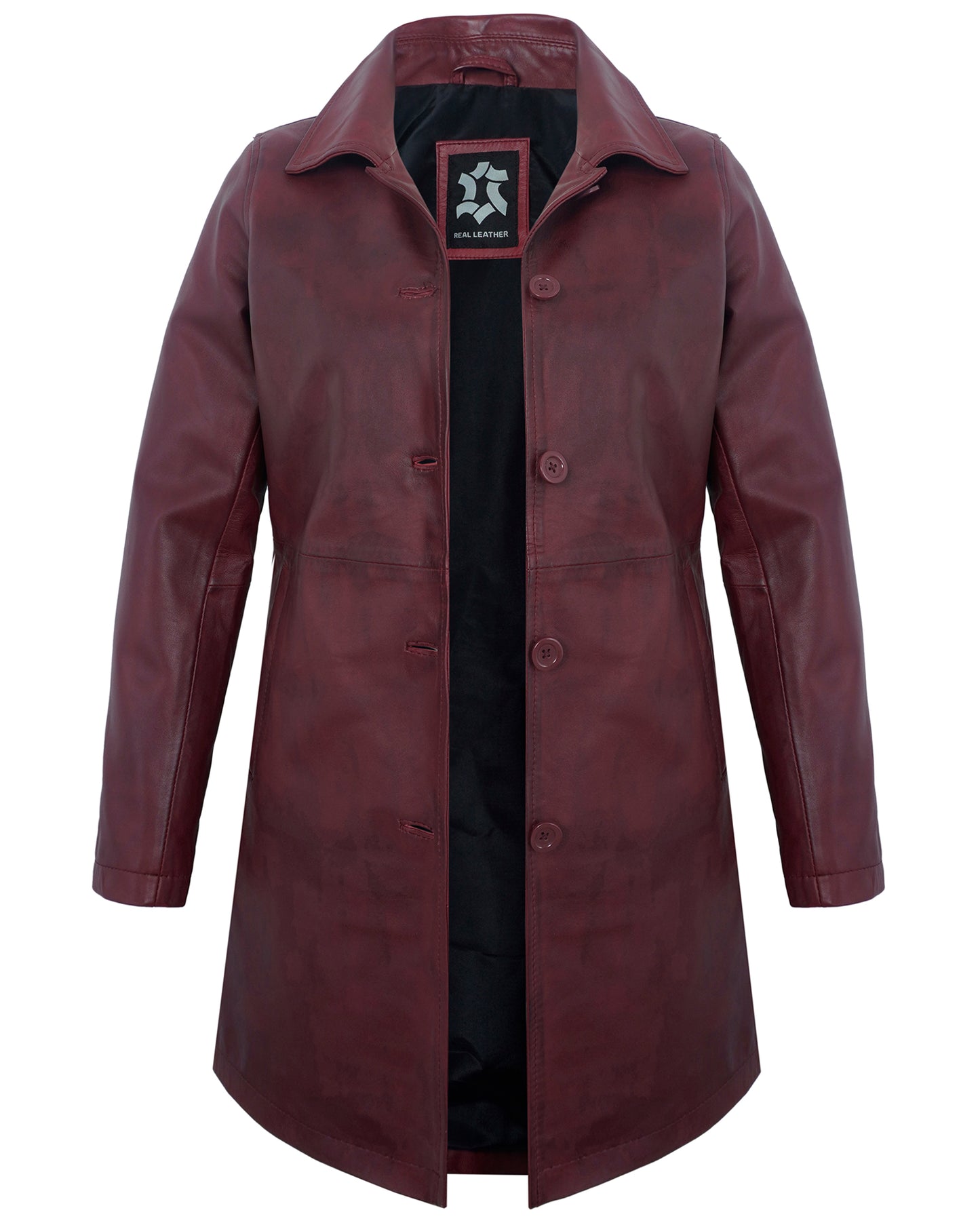 Long Leather Coat Women – Maroon Real Lambskin Vintage Car Coat