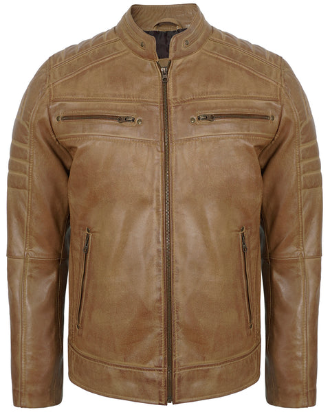 Camel Men's Cafe Racer Leather Jacket – Real Lambskin Leather Jacket for Men
