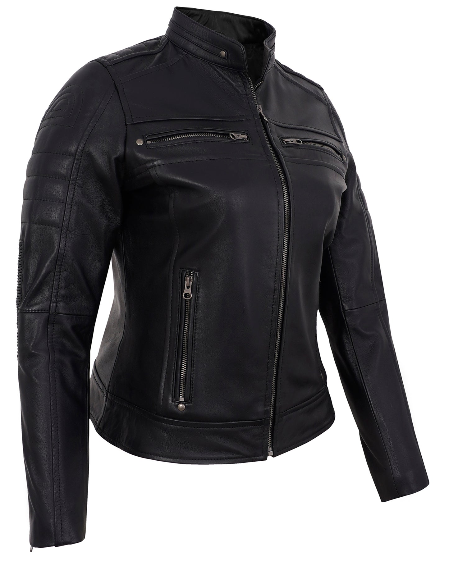 Black Cafe Racer Jackets Women – Real Lambskin Quilted Leather Jacket