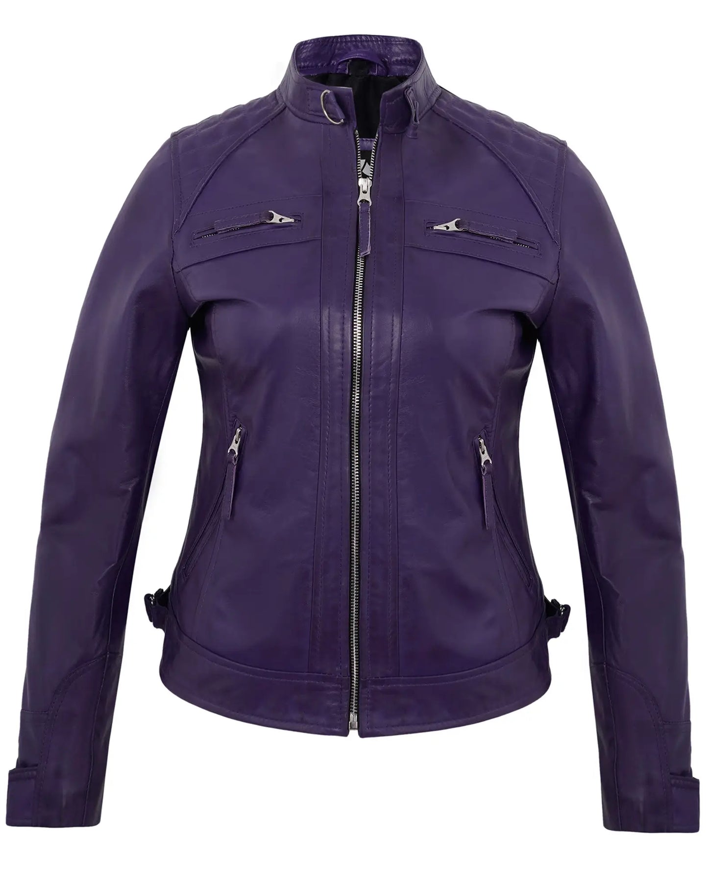 Purple Leather Cafe Racer Jacket for Women – Real Lambskin Quilted