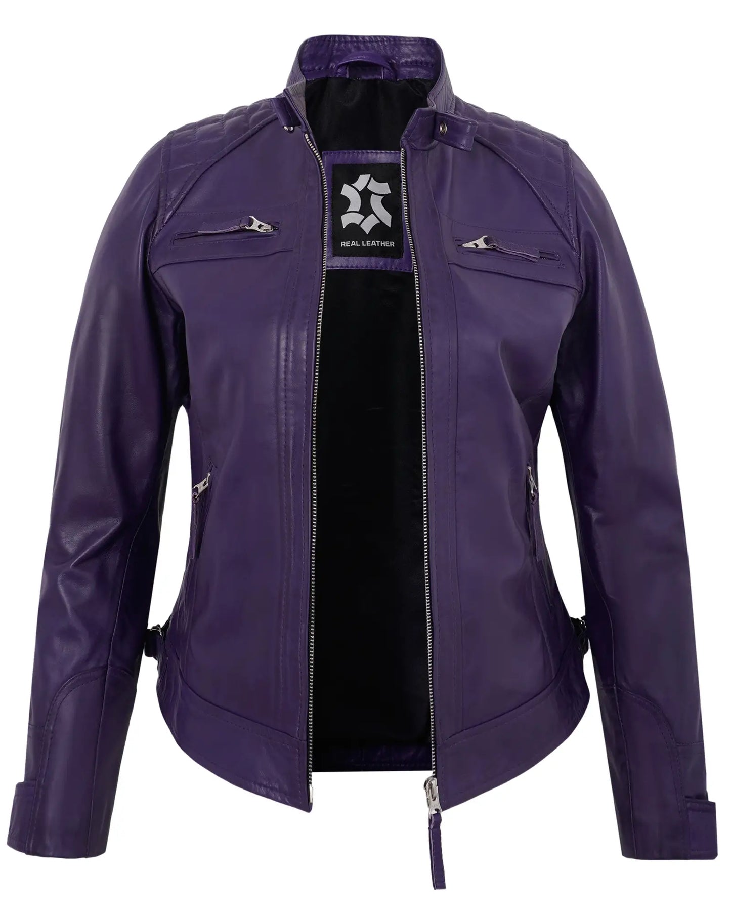 Purple Leather Cafe Racer Jacket for Women – Real Lambskin Quilted