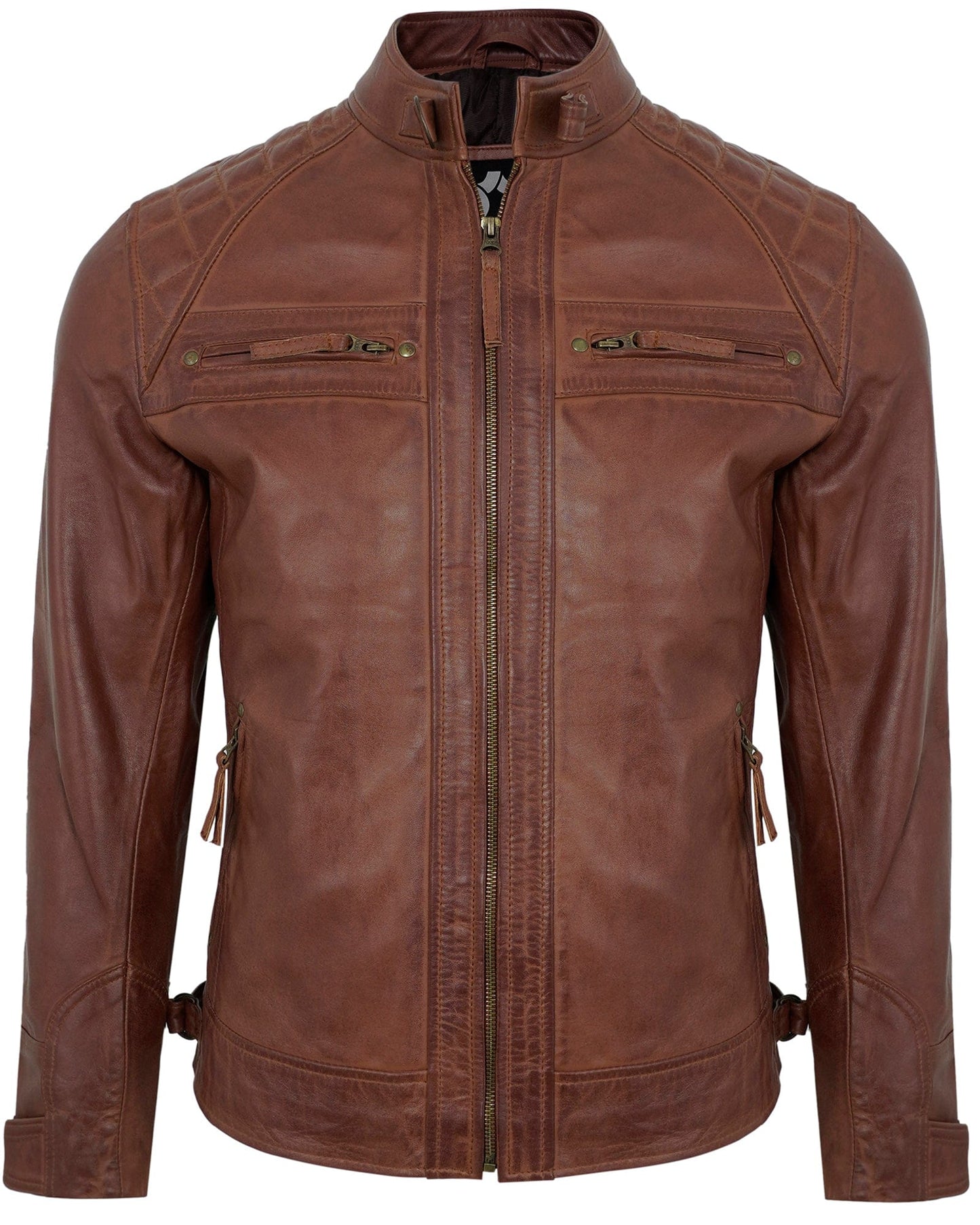Men’s Brown Biker Motorcycle Leather Jacket – Quilted Shoulder