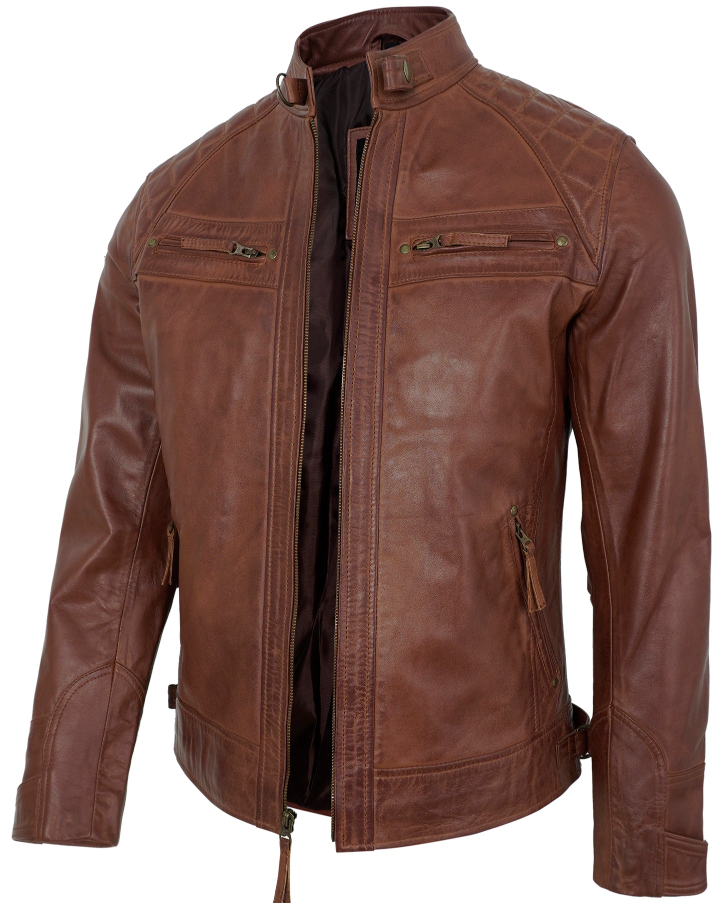 Men’s Brown Biker Motorcycle Leather Jacket – Quilted Shoulder