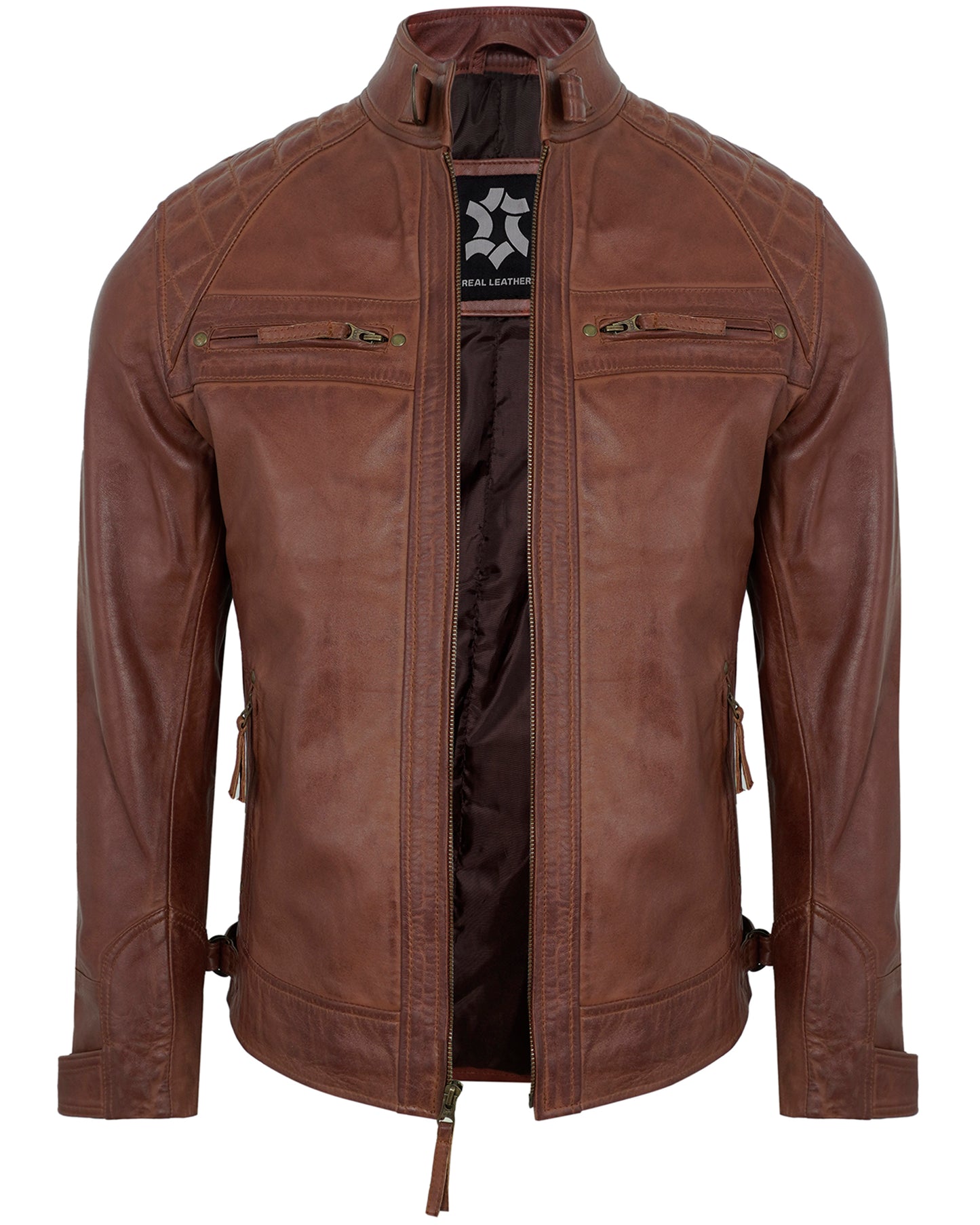 Men’s Brown Biker Motorcycle Leather Jacket – Quilted Shoulder