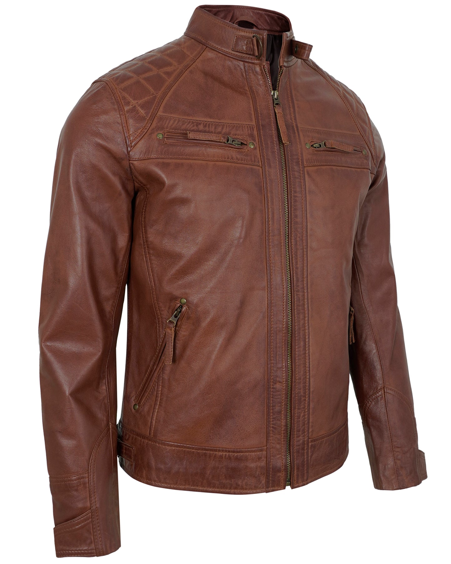 Men’s Brown Biker Motorcycle Leather Jacket – Quilted Shoulder
