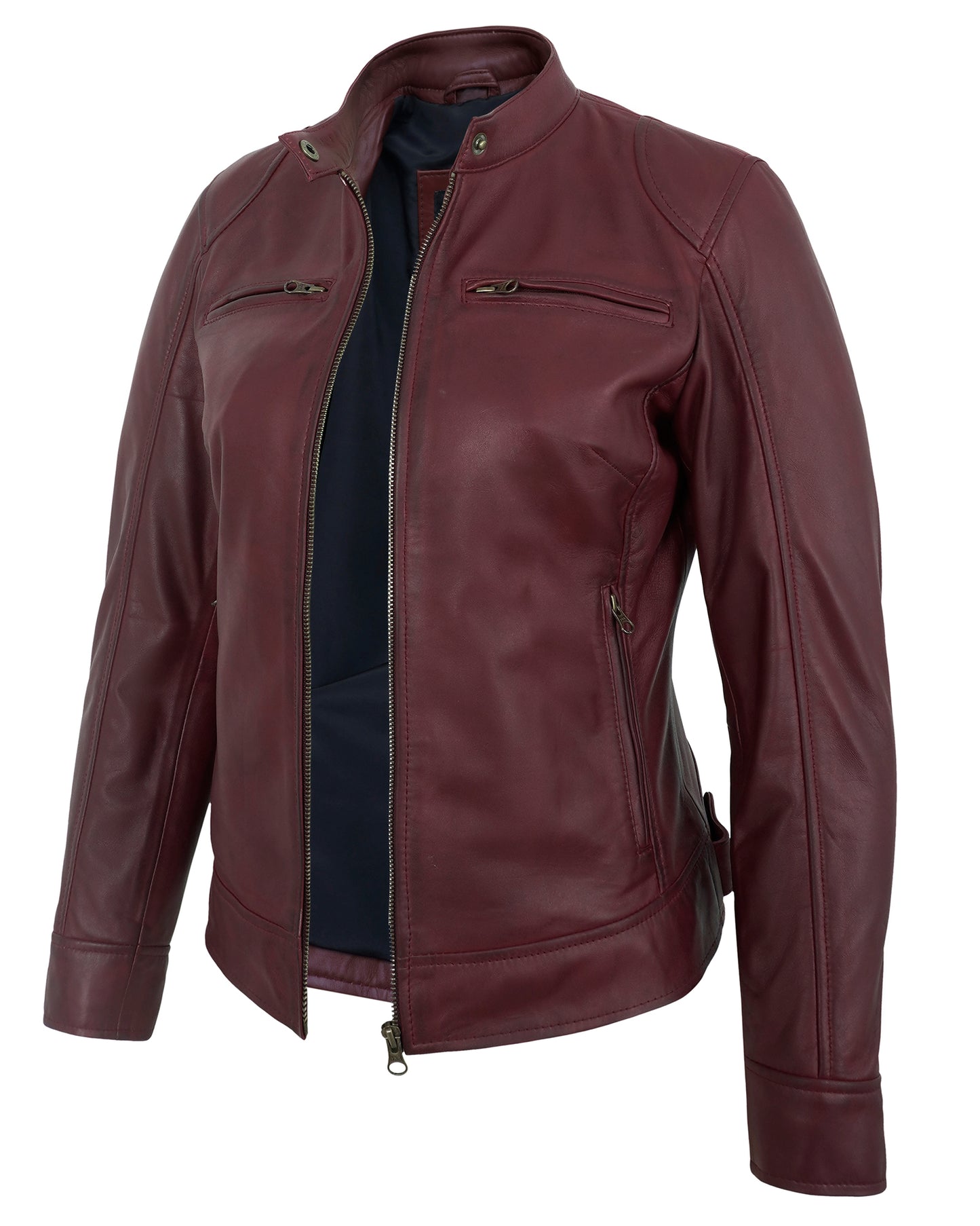 Maroon Motorcycle Leather Jacket for Women – Real Lambskin