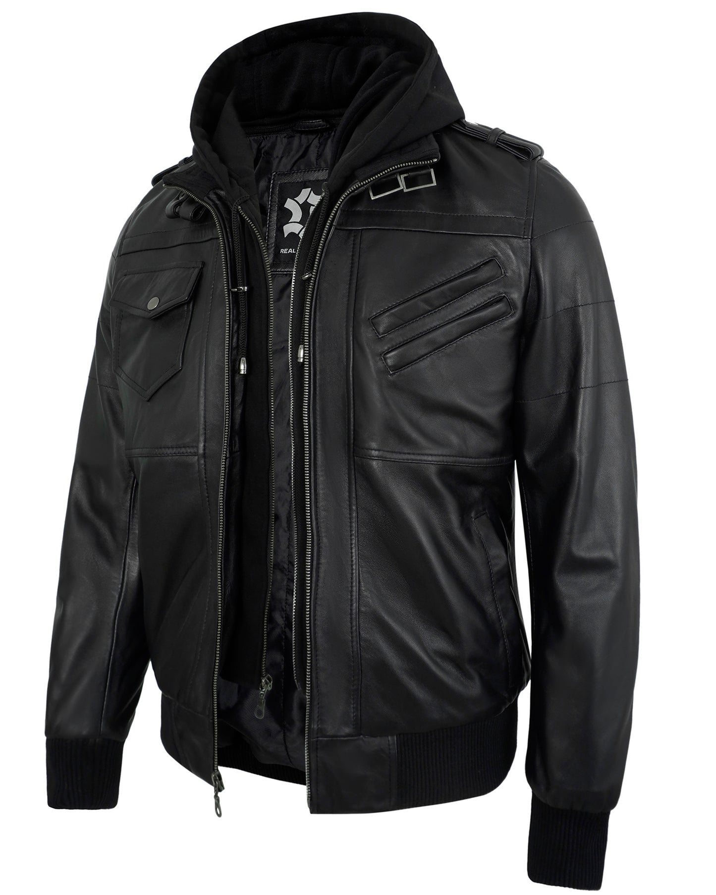 Black Hooded Leather Jackets Men – Real Lambskin with Detachable Hood