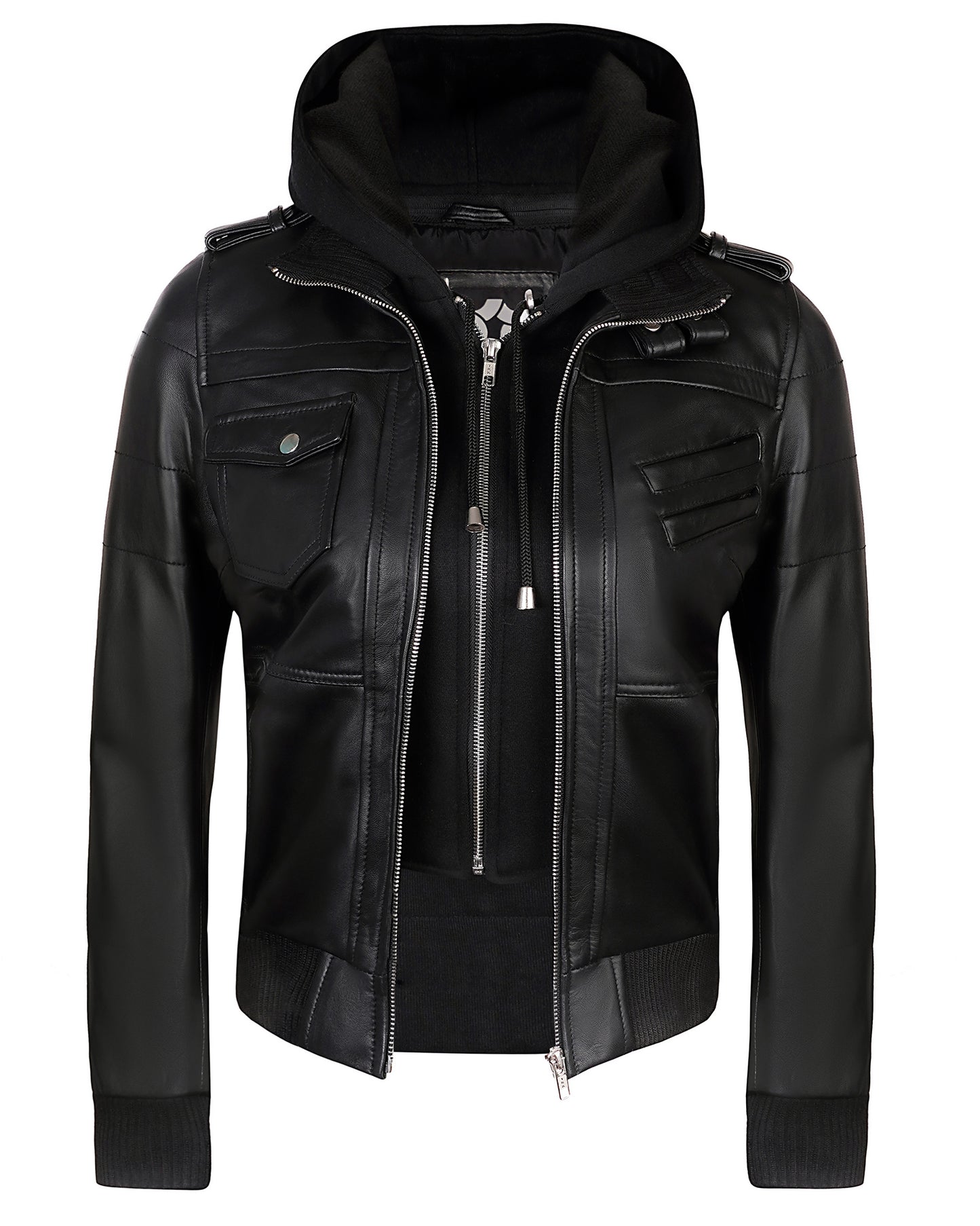 Hooded Leather Jacket for Women – Black Lambskin Cafe Racer with Hood