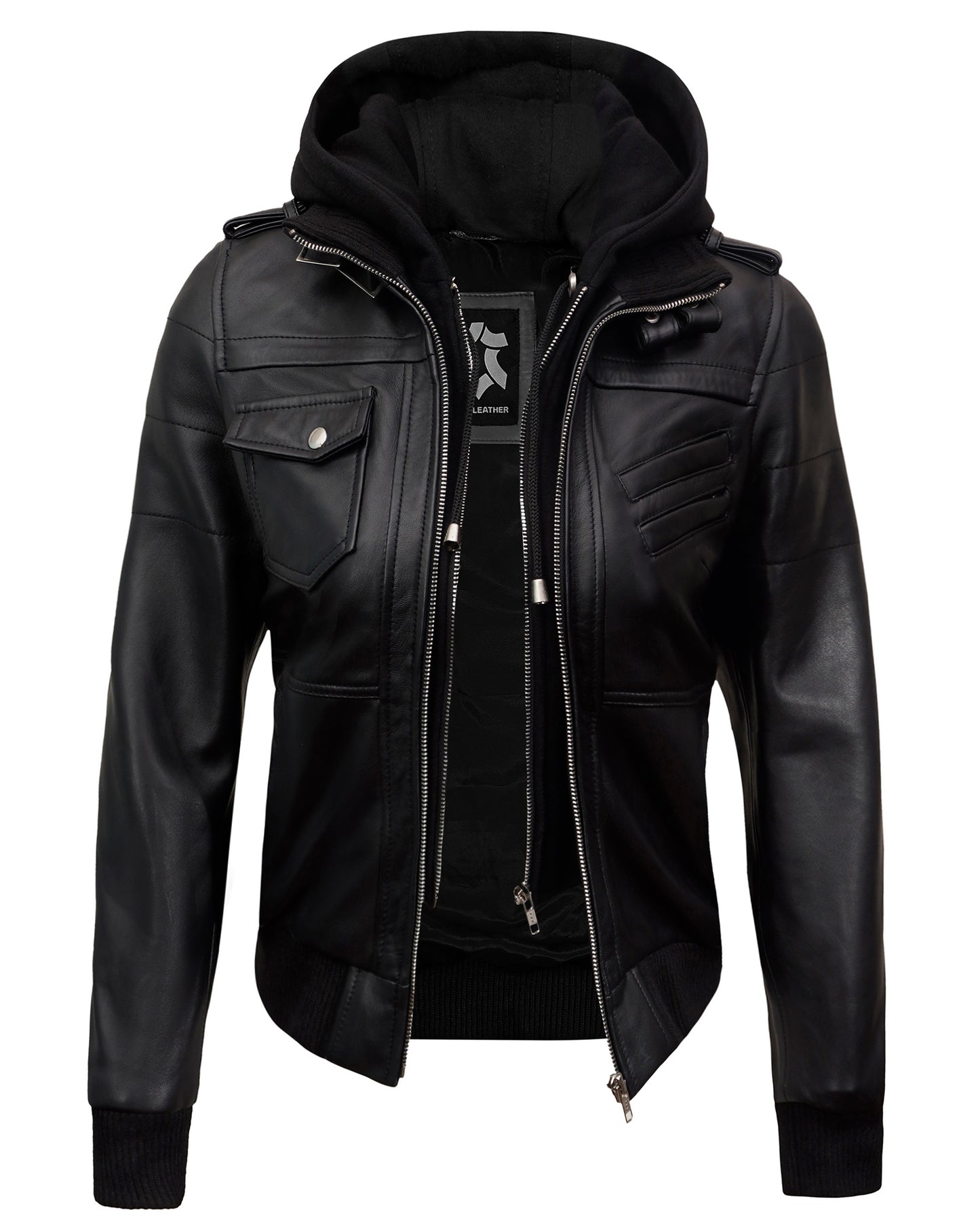 Hooded Leather Jacket for Women – Black Lambskin Cafe Racer with Hood