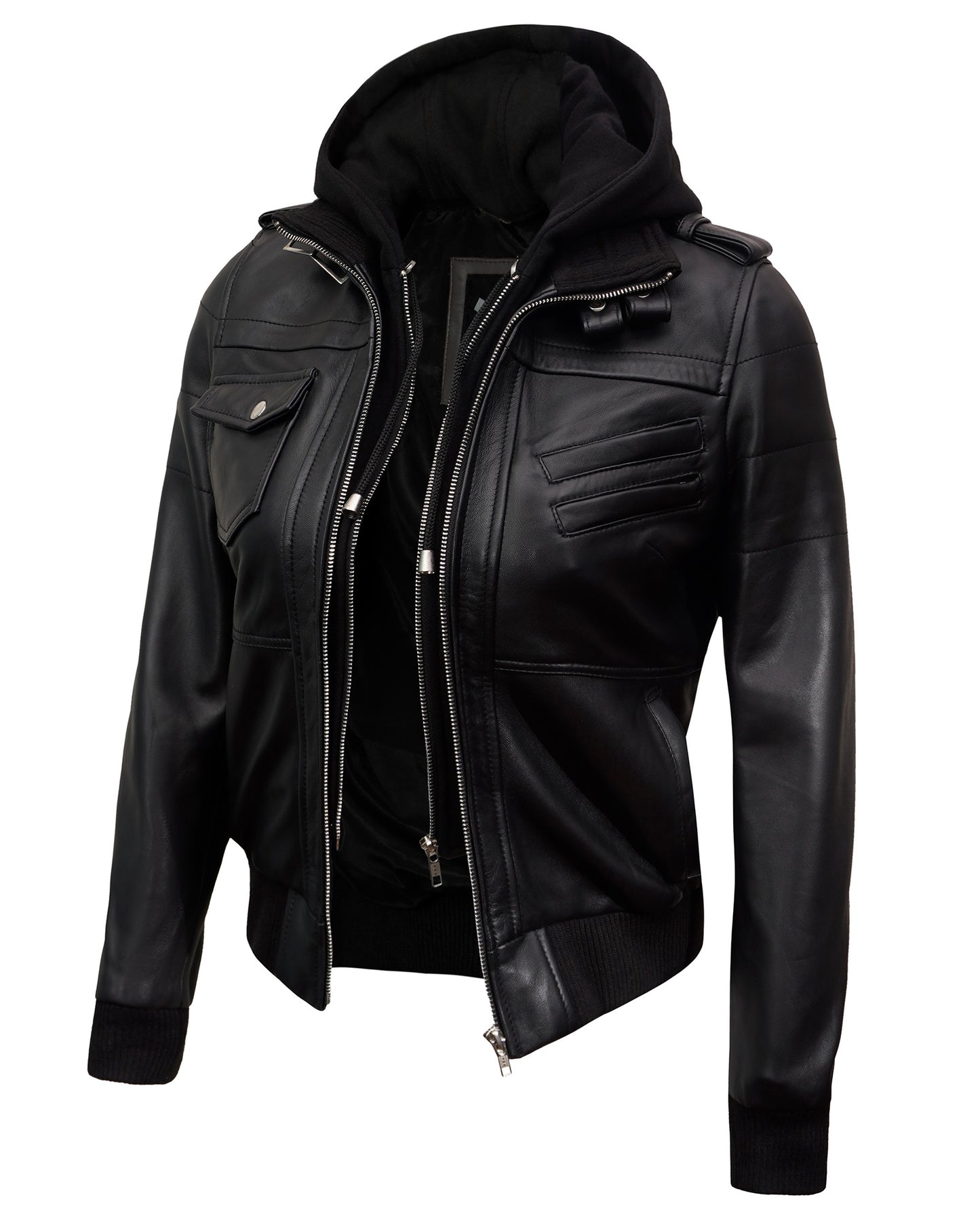 Hooded Leather Jacket for Women – Black Lambskin Cafe Racer with Hood