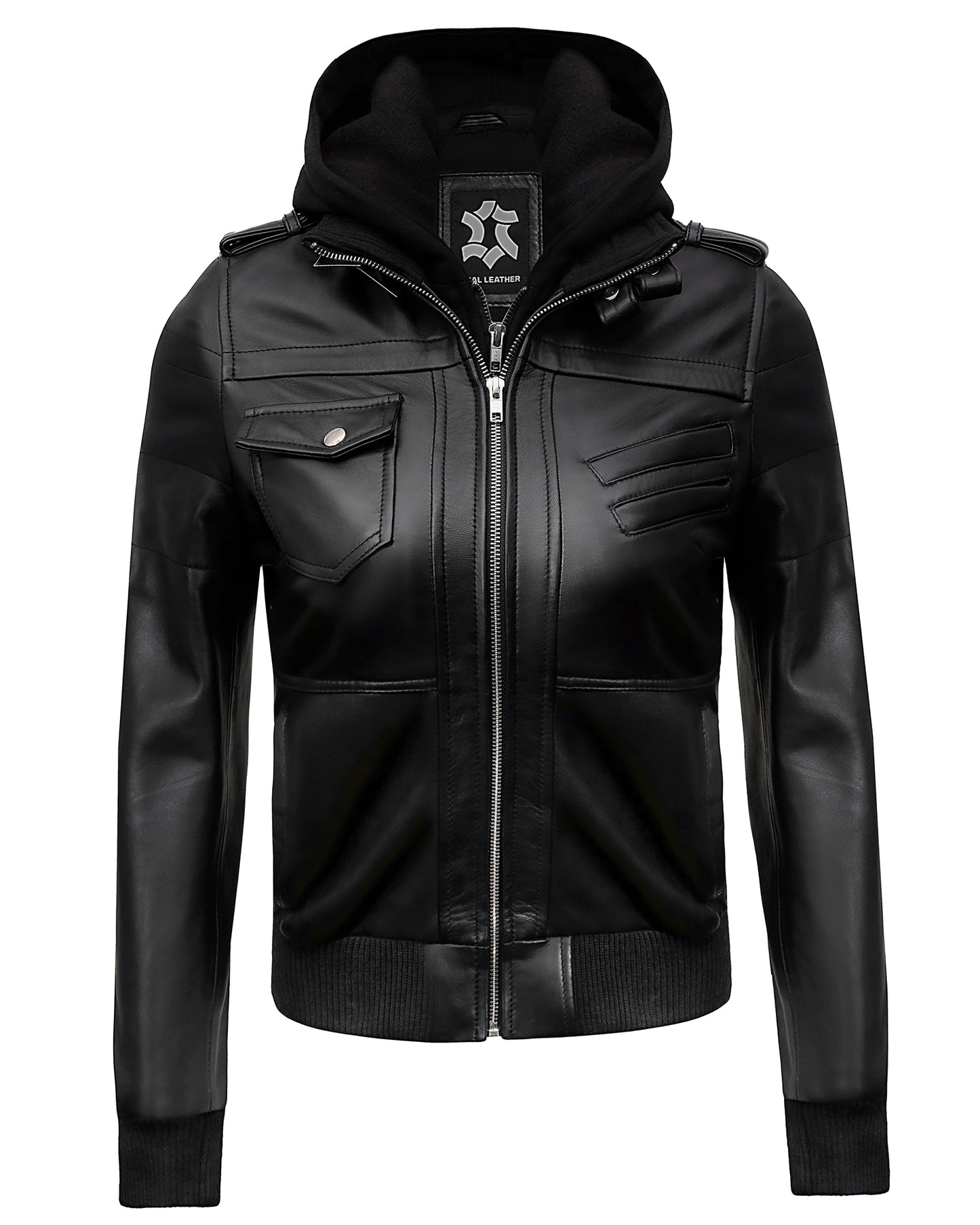 Hooded Leather Jacket for Women – Black Lambskin Cafe Racer with Hood