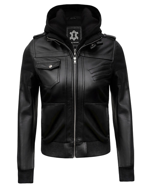 Hooded Leather Jackets for Women – Black Real Lambskin Cafe Racer with Detachable Hood
