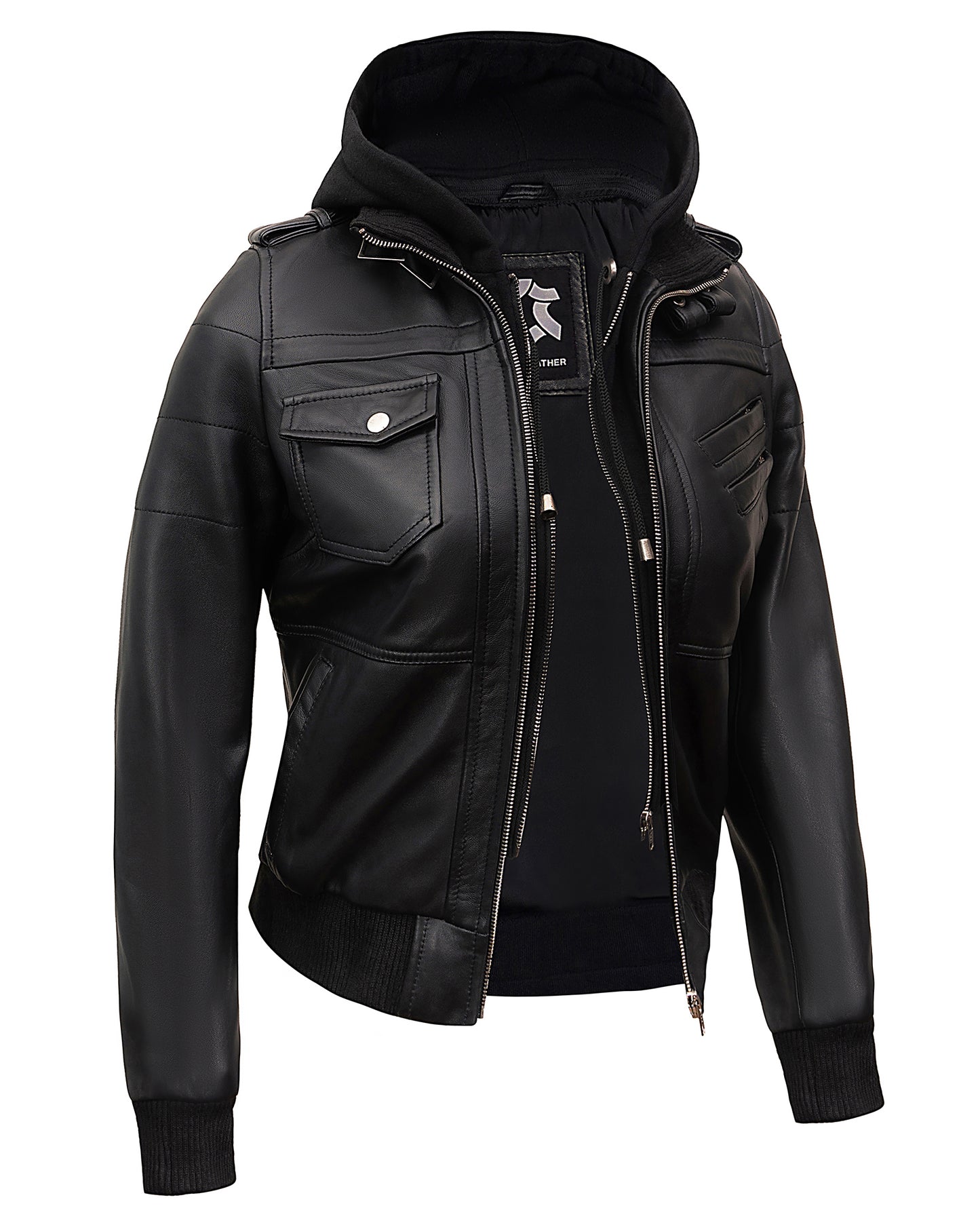Hooded Leather Jacket for Women – Black Lambskin Cafe Racer with Hood
