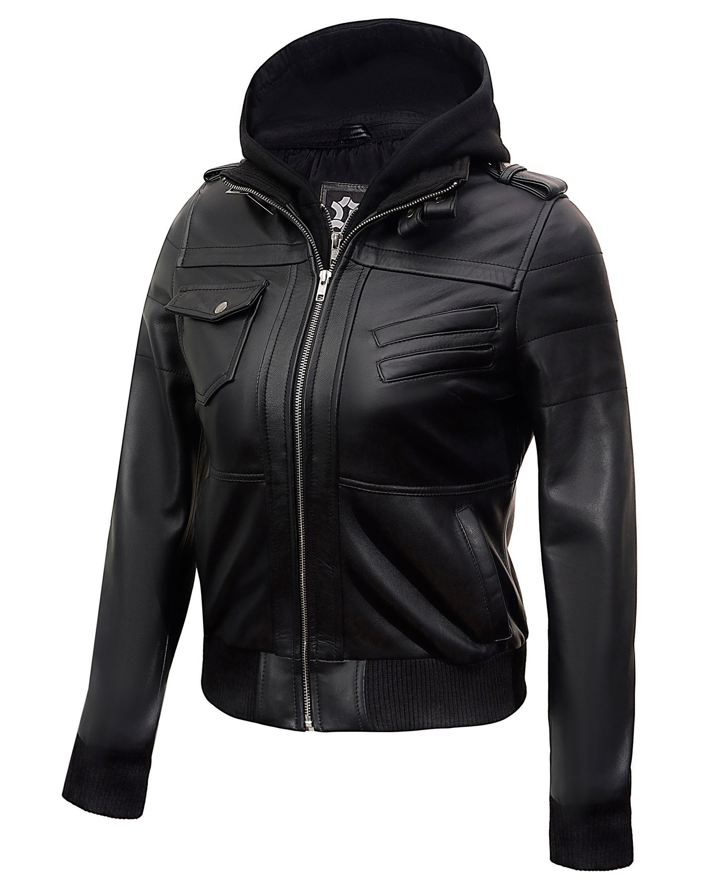 Hooded Leather Jacket for Women – Black Lambskin Cafe Racer with Hood