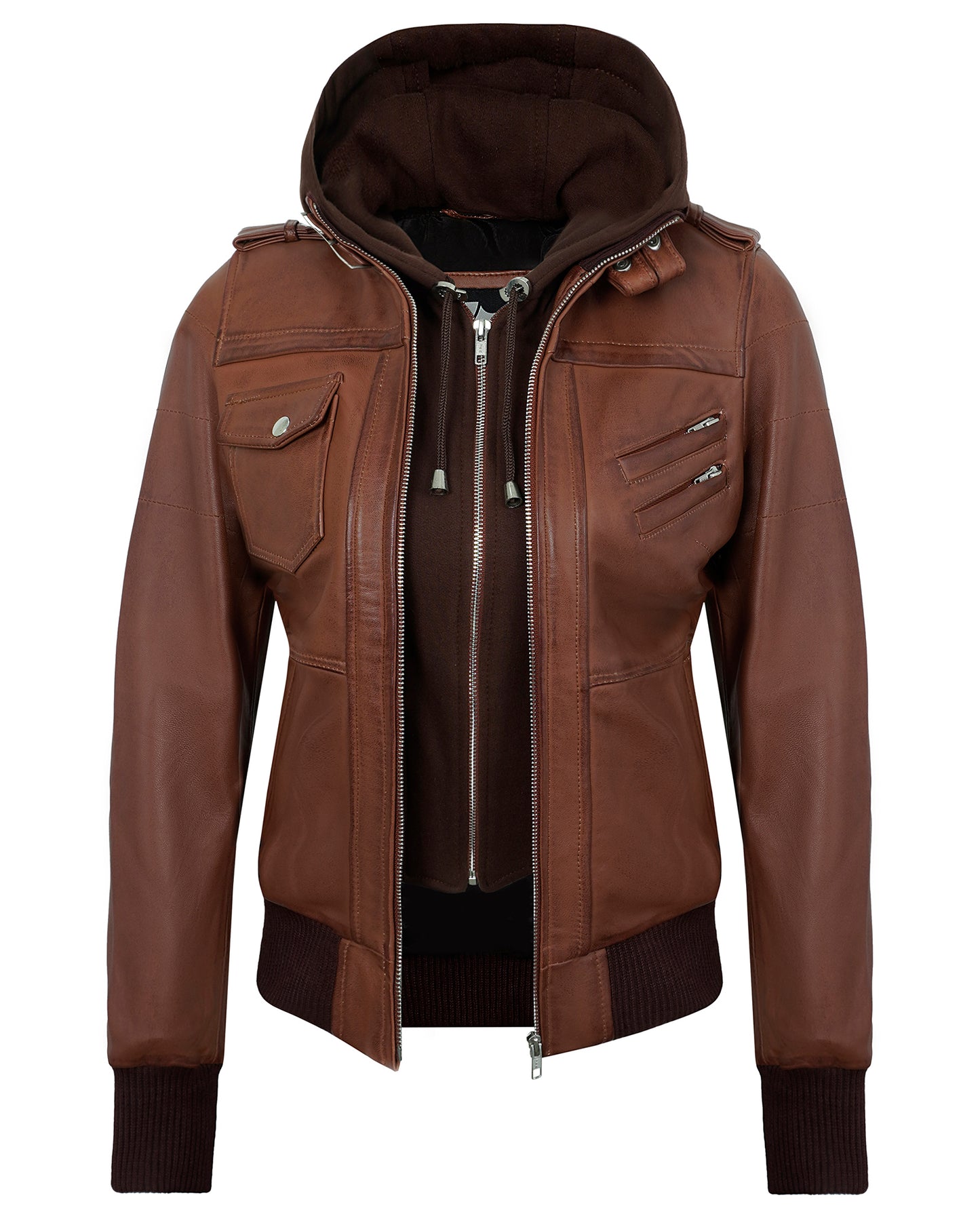 Hooded Leather Jacket for Women – Brown Lambskin Cafe Racer with Hood