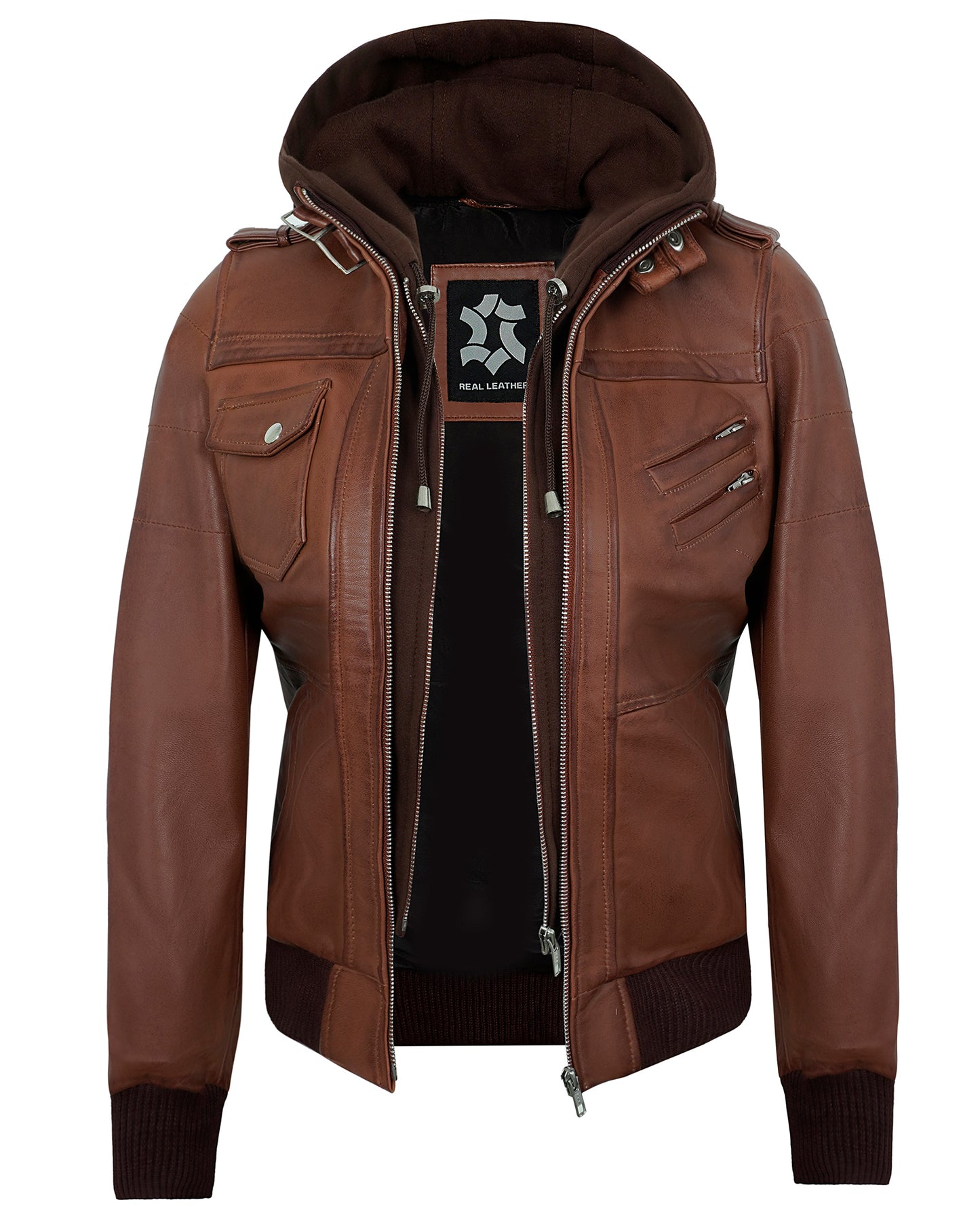 Hooded Leather Jacket for Women – Brown Lambskin Cafe Racer with Hood