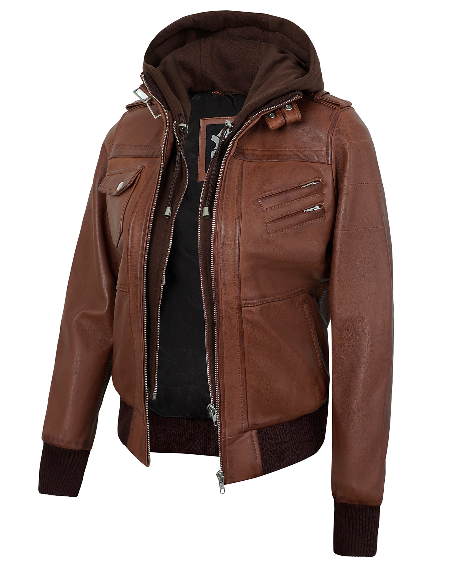 Hooded Leather Jacket for Women – Brown Lambskin Cafe Racer with Hood