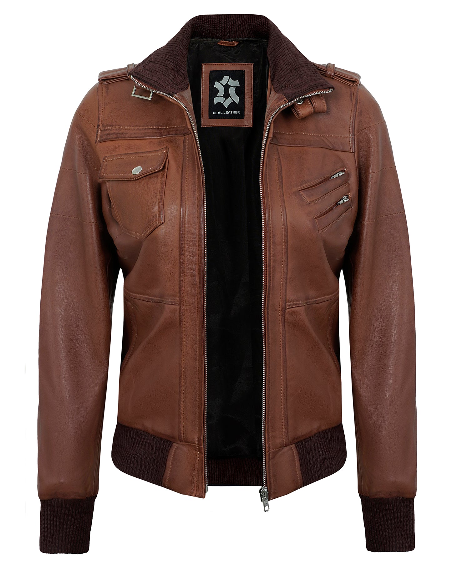 Hooded Leather Jacket for Women – Brown Lambskin Cafe Racer with Hood