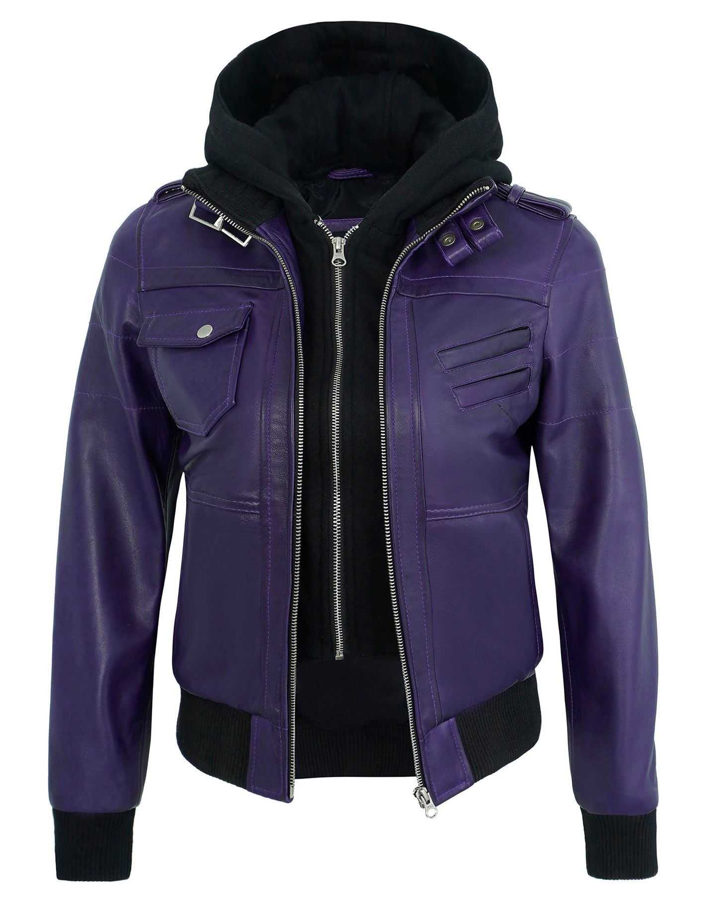 Hooded Leather Jackets for Women – Purple Real Lambskin Cafe Racer with Detachable Hood
