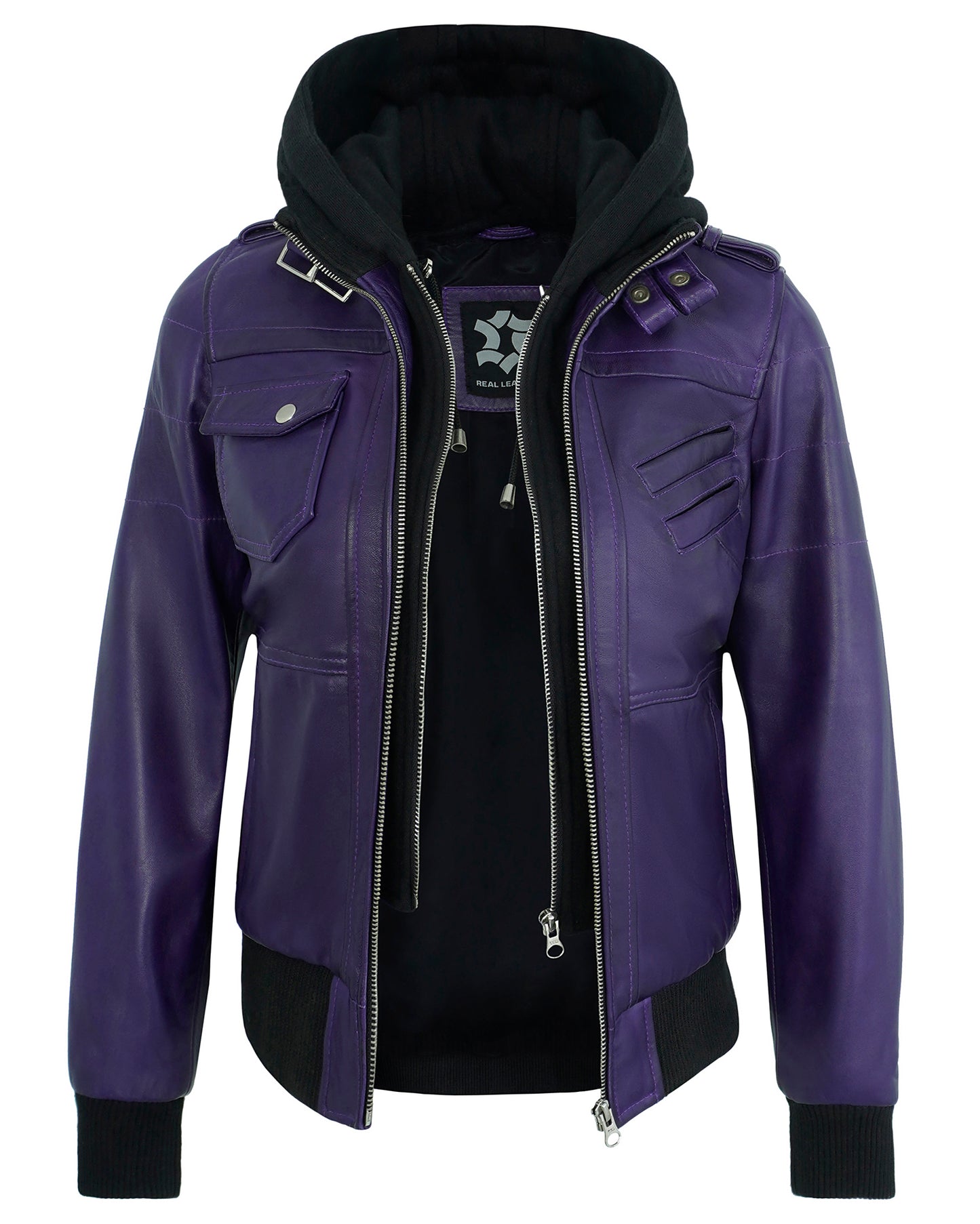 Hooded Leather Jackets for Women – Purple Real Lambskin Cafe Racer with Detachable Hood