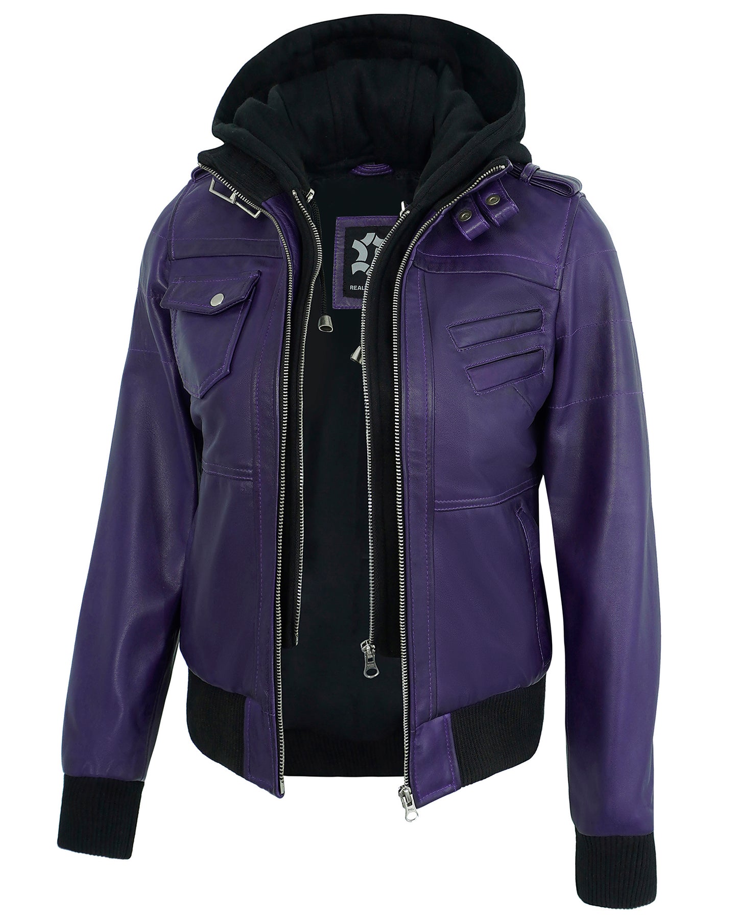 Hooded Leather Jackets for Women – Purple Real Lambskin Cafe Racer with Detachable Hood