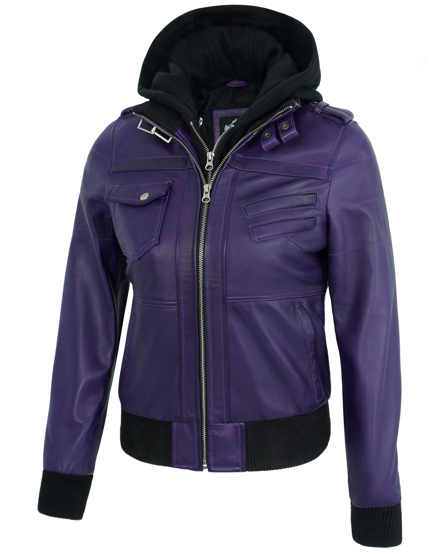 Hooded Leather Jackets for Women – Purple Real Lambskin Cafe Racer with Detachable Hood