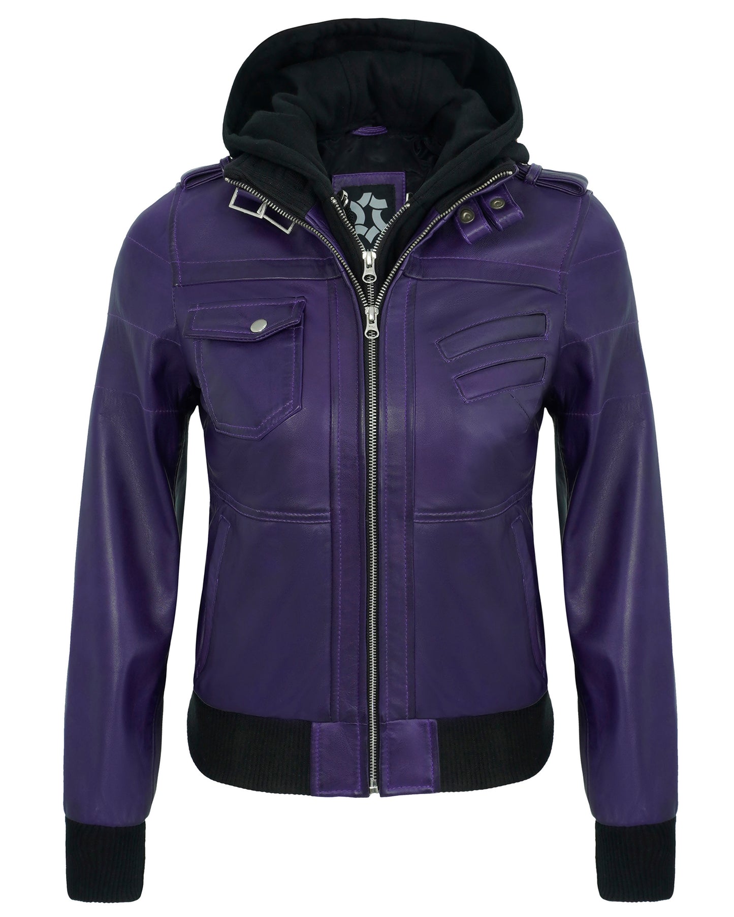 Hooded Leather Jackets for Women – Purple Real Lambskin Cafe Racer with Detachable Hood