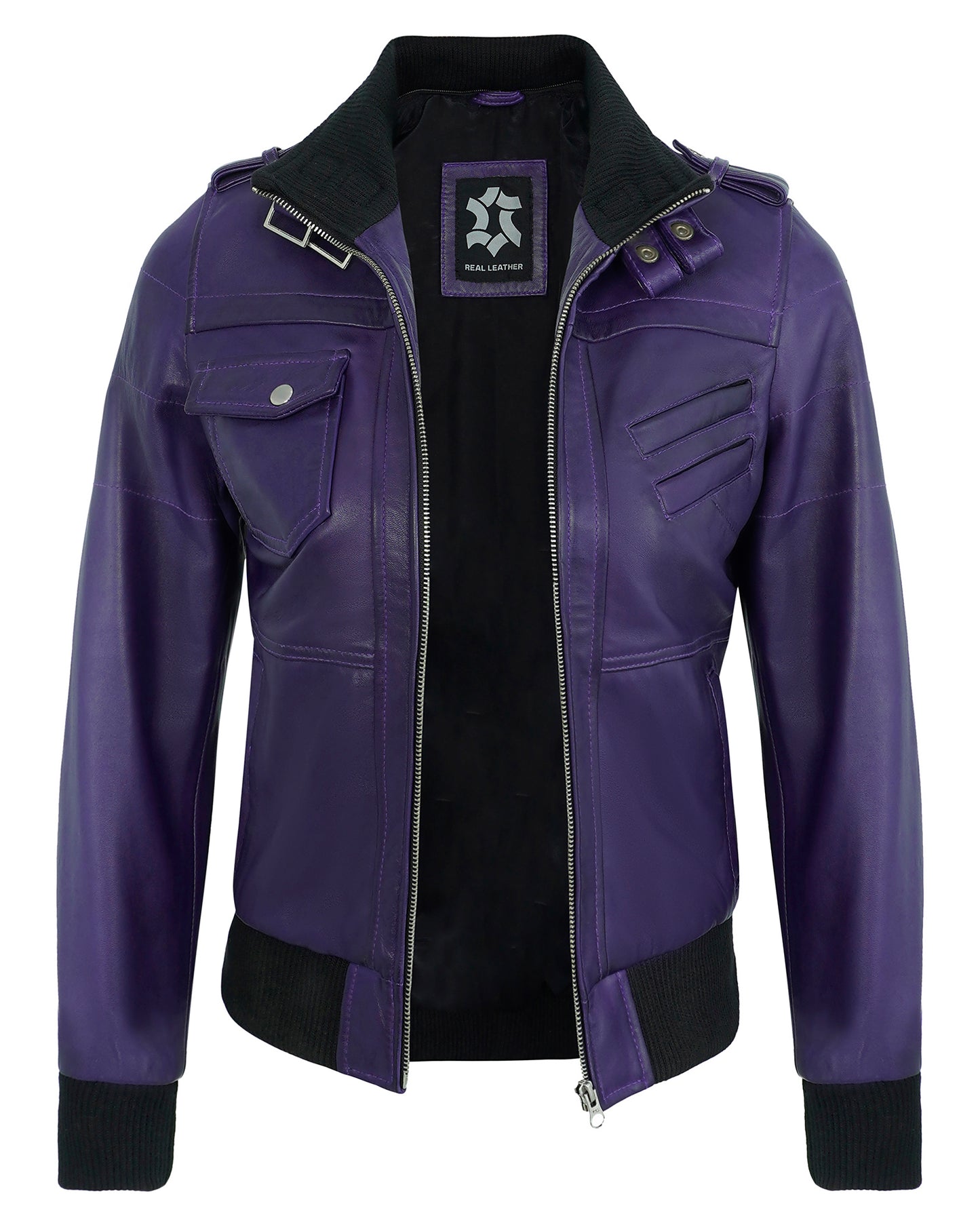 Hooded Leather Jackets for Women – Purple Real Lambskin Cafe Racer with Detachable Hood