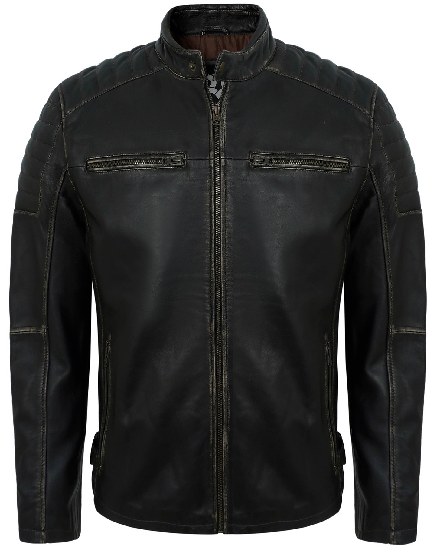 Men’s Distressed Ruboff Motorcycle Leather Jacket for Men – Quilted Shoulder