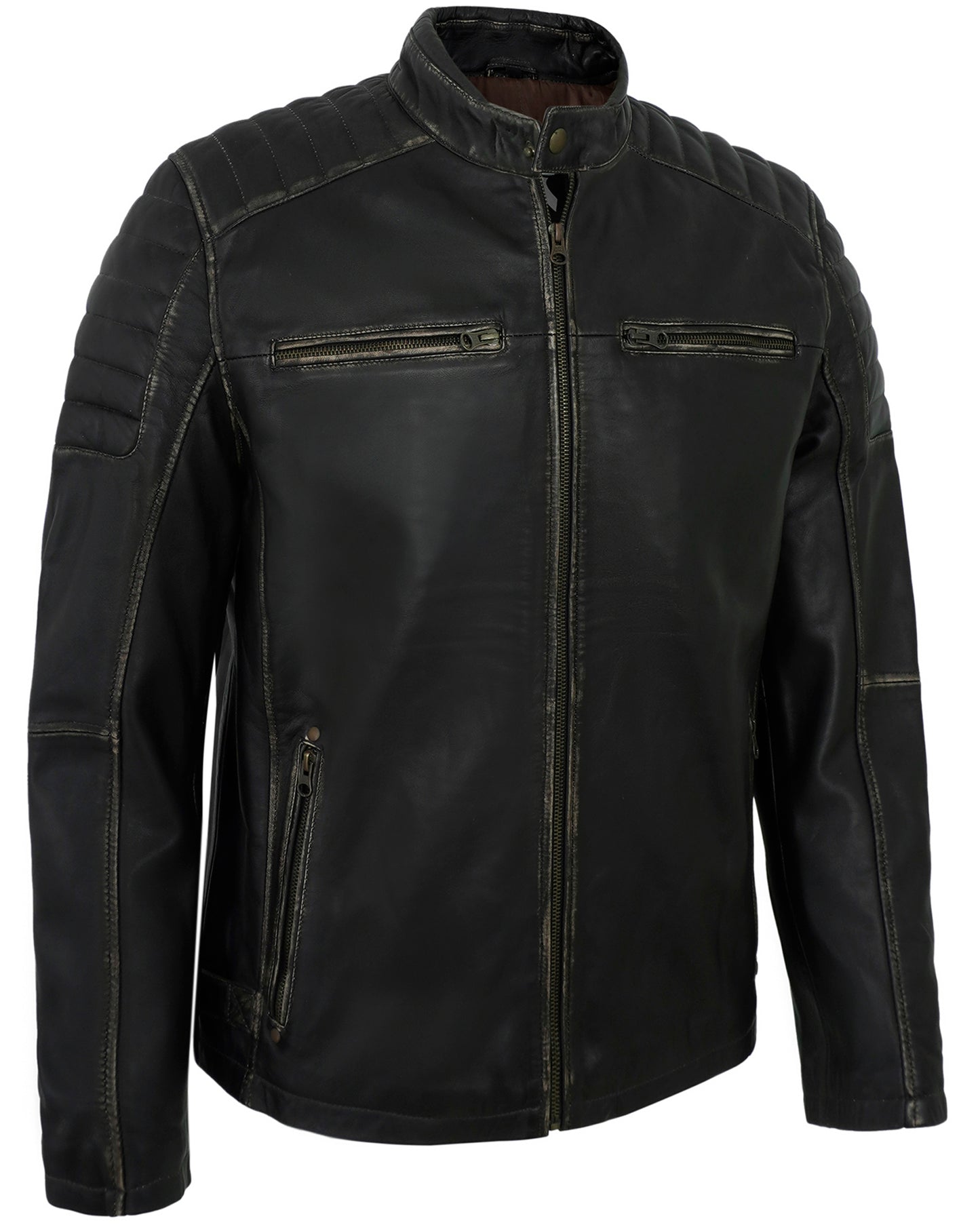 Men’s Distressed Ruboff Motorcycle Leather Jacket for Men – Quilted Shoulder