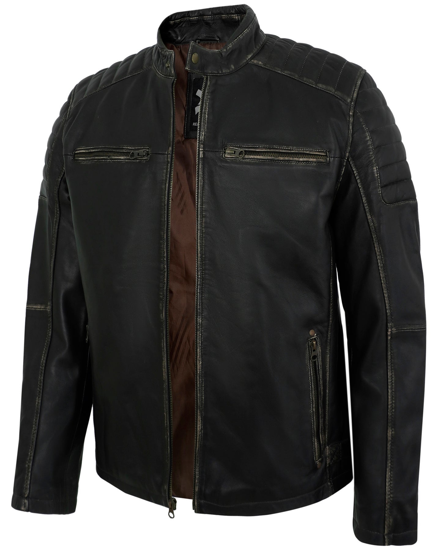 Men’s Distressed Ruboff Motorcycle Leather Jacket for Men – Quilted Shoulder