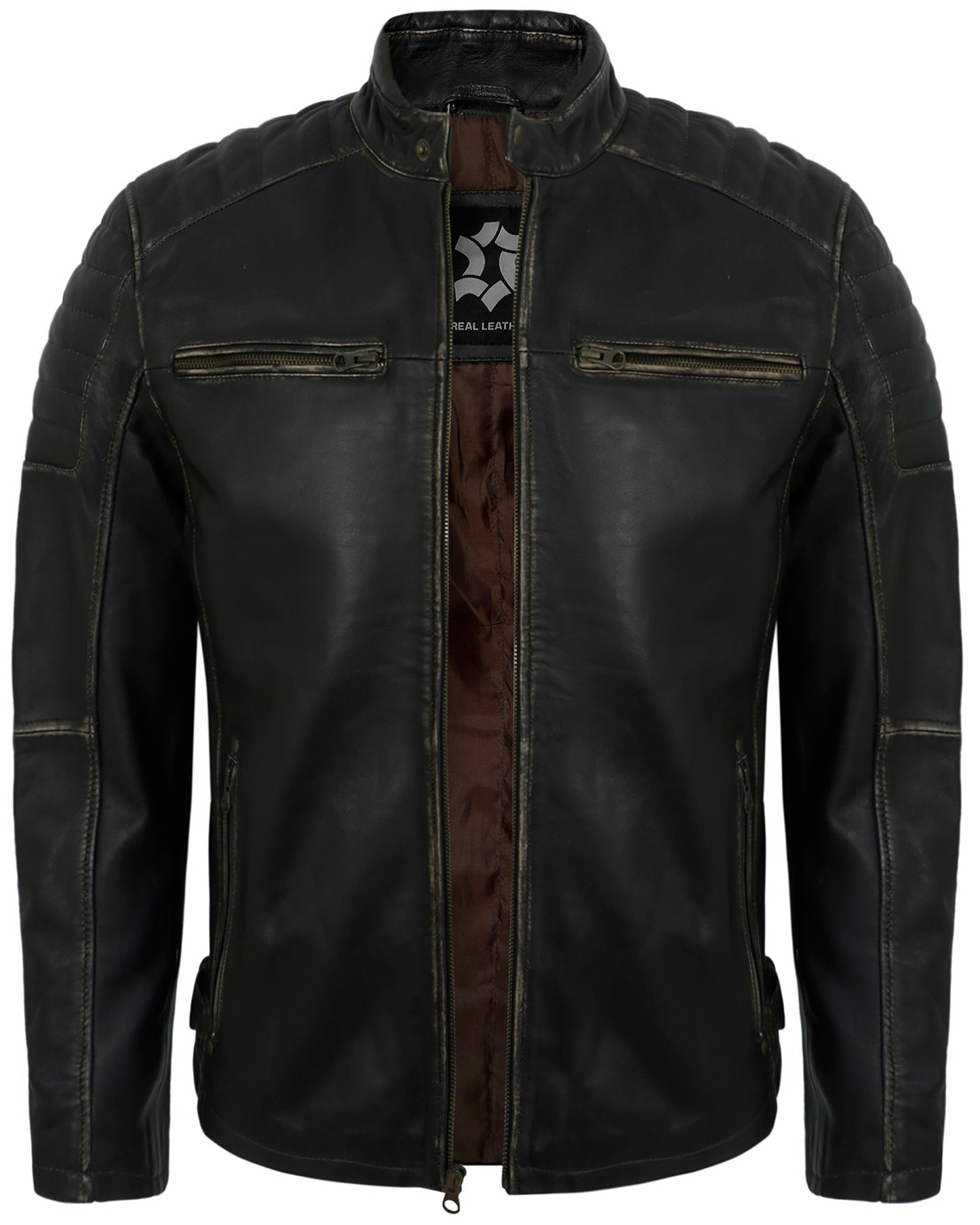 Men’s Distressed Ruboff Motorcycle Leather Jacket for Men – Quilted Shoulder