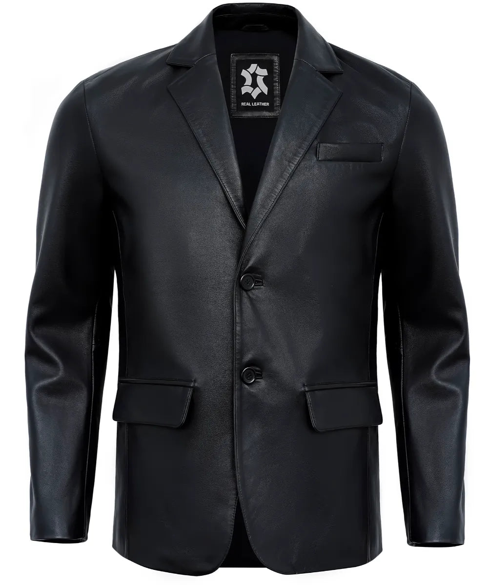 2-button-black-leather-blazer-men