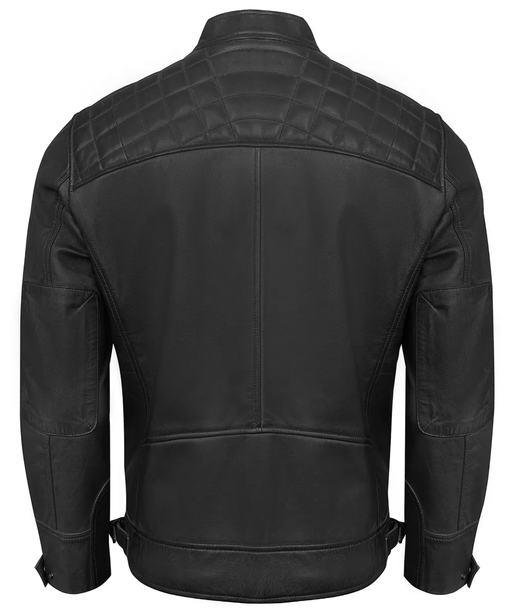 Men’s Black Leather Biker Jacket for Men – Quilted Shoulder