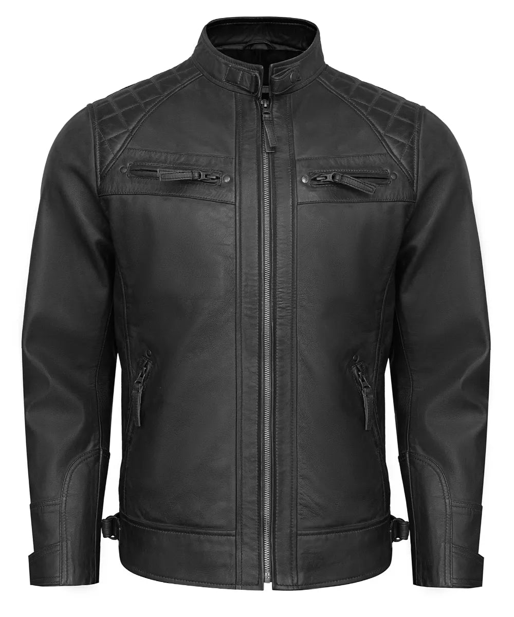 Men’s Black Leather Biker Jacket for Men – Quilted Shoulder