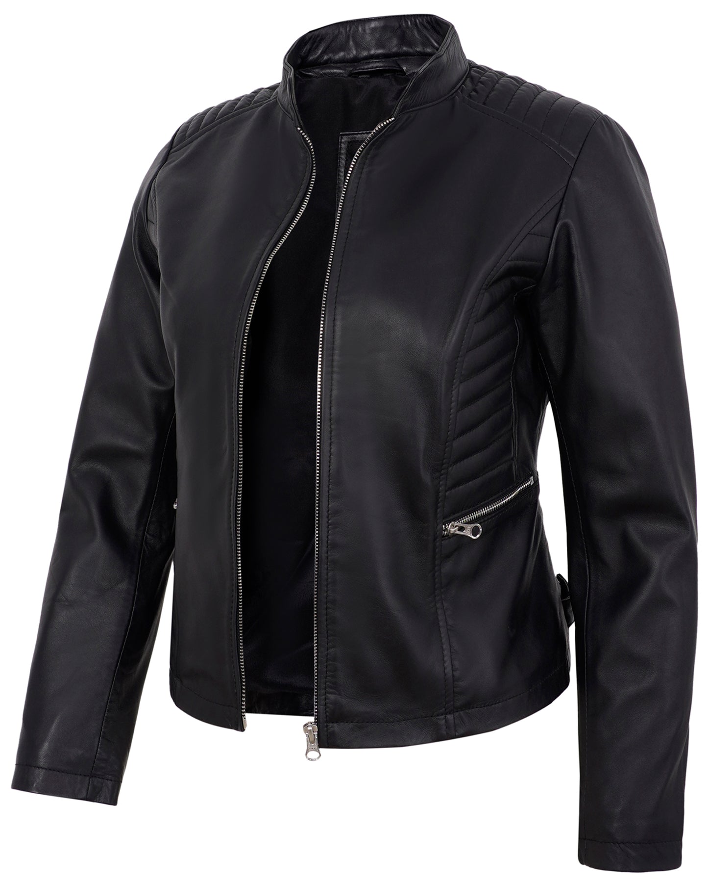 Black Women’s Cafe Racer Motorcycle Jacket – Real Lambskin Leather