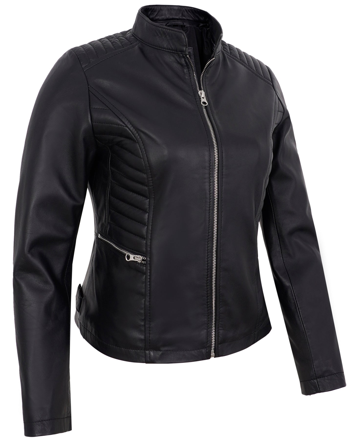 Black Women’s Cafe Racer Motorcycle Jacket – Real Lambskin Leather
