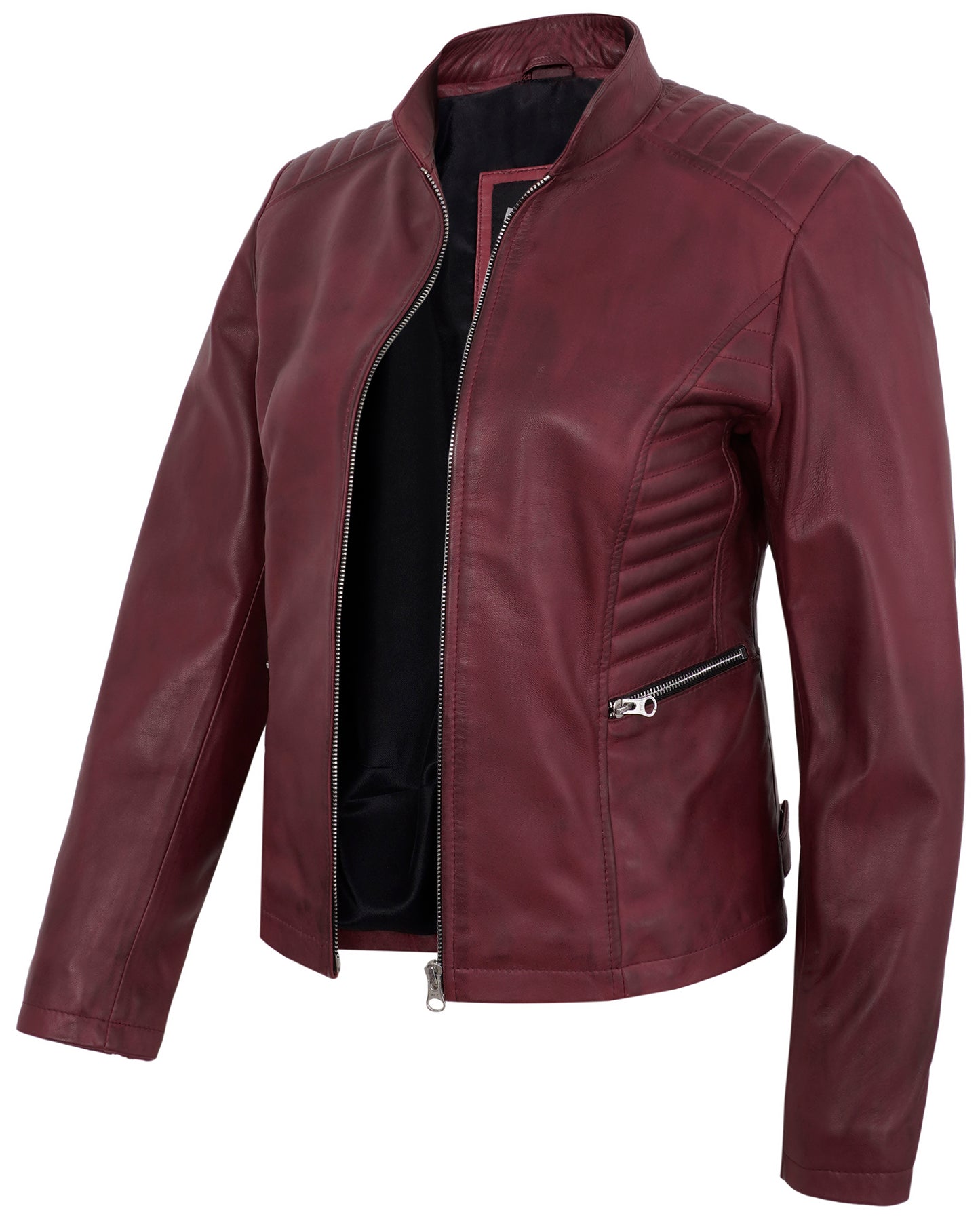 Maroon Women’s Cafe Racer Motorcycle Jacket – Real Lambskin Leather
