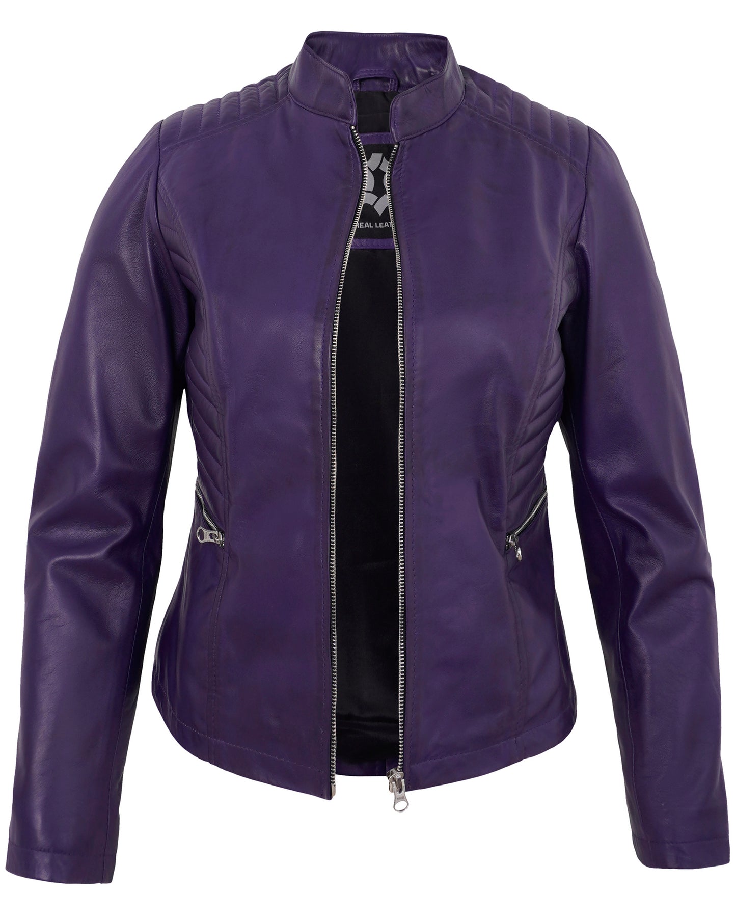 Purple Women’s Cafe Racer Motorcycle Jacket – Real Lambskin Quilted Style