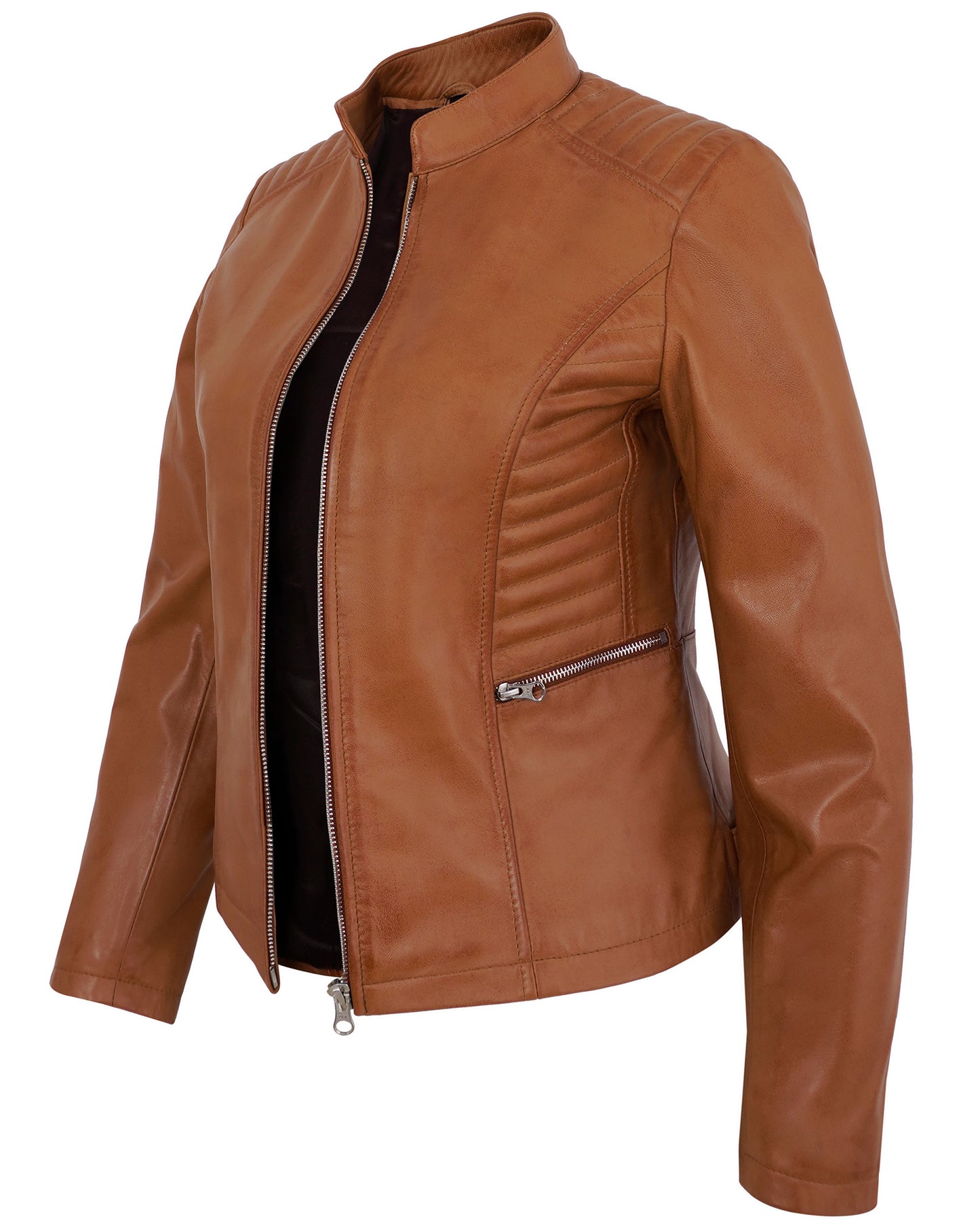 Tan Women’s Cafe Racer Motorcycle Jacket – Real Lambskin Stylish Biker