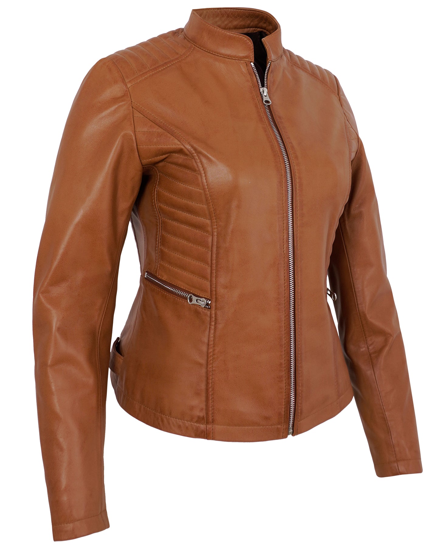 Tan Women’s Cafe Racer Motorcycle Jacket – Real Lambskin Stylish Biker