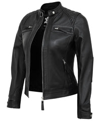 Black Leather Cafe Racer Jackets for Women – Real Lambskin Quilted Style