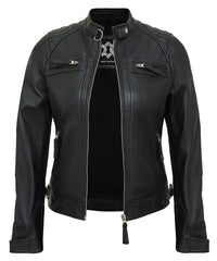 Black Leather Cafe Racer Jackets for Women – Real Lambskin Quilted Style
