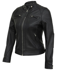 Black Leather Cafe Racer Jackets for Women – Real Lambskin Quilted Style