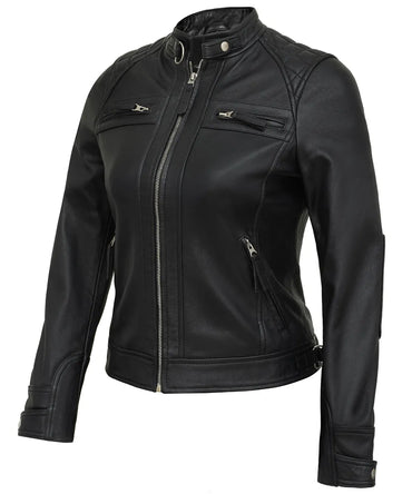 Black Leather Cafe Racer Jackets for Women – Real Lambskin Quilted Style