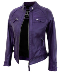 Purple Leather Cafe Racer Jackets for Women – Real Lambskin Quilted Style