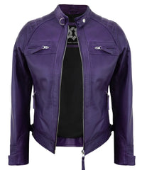 Purple Leather Cafe Racer Jackets for Women – Real Lambskin Quilted Style