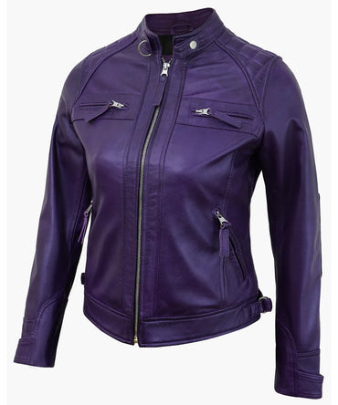 Purple Leather Cafe Racer Jackets for Women – Real Lambskin Quilted Style