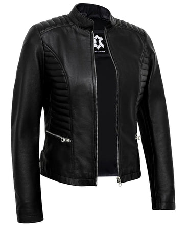 Black Women’s Cafe Racer Motorcycle Jacket – Real Lambskin Stylish Leather