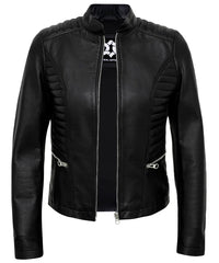 Black Women’s Cafe Racer Motorcycle Jacket – Real Lambskin Stylish Leather